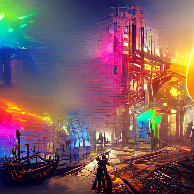 Neon Steampunk Cityscape in Vibrant 3D