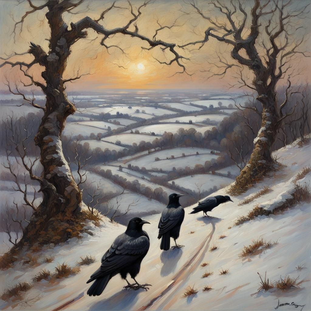 Bleak Winter Landscape with Soldiers in Oil Paint