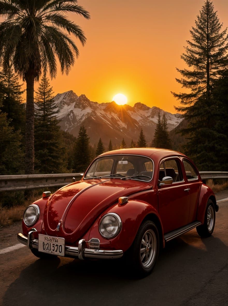 Vintage VW Beetle on Mountain Road at Sunset, Hyperrealistic