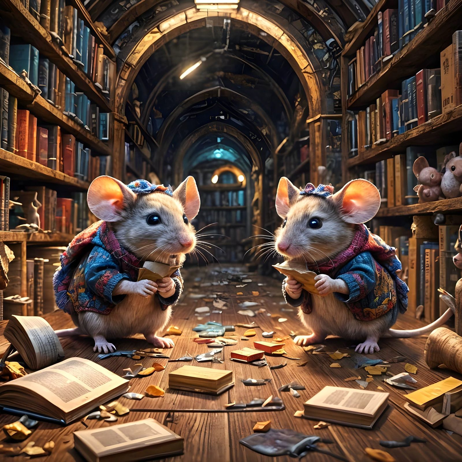 Mice in Colorful Clothes Destroy a Bookshelf in a Whimsical ...