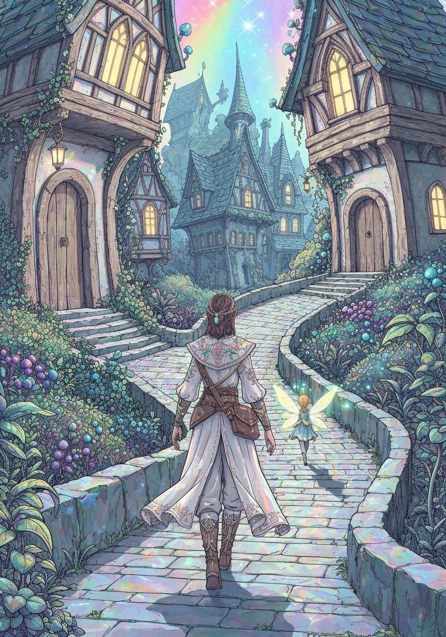 Fantasy Adventurer Follows Glowing Fairy on Magical Path