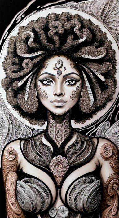 Symmetrical Afro Medusa Fairy in Oil and Water Ink