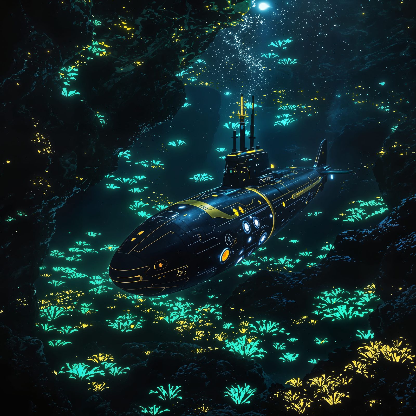 Black Submarine in Vibrant Galaxy Sea
