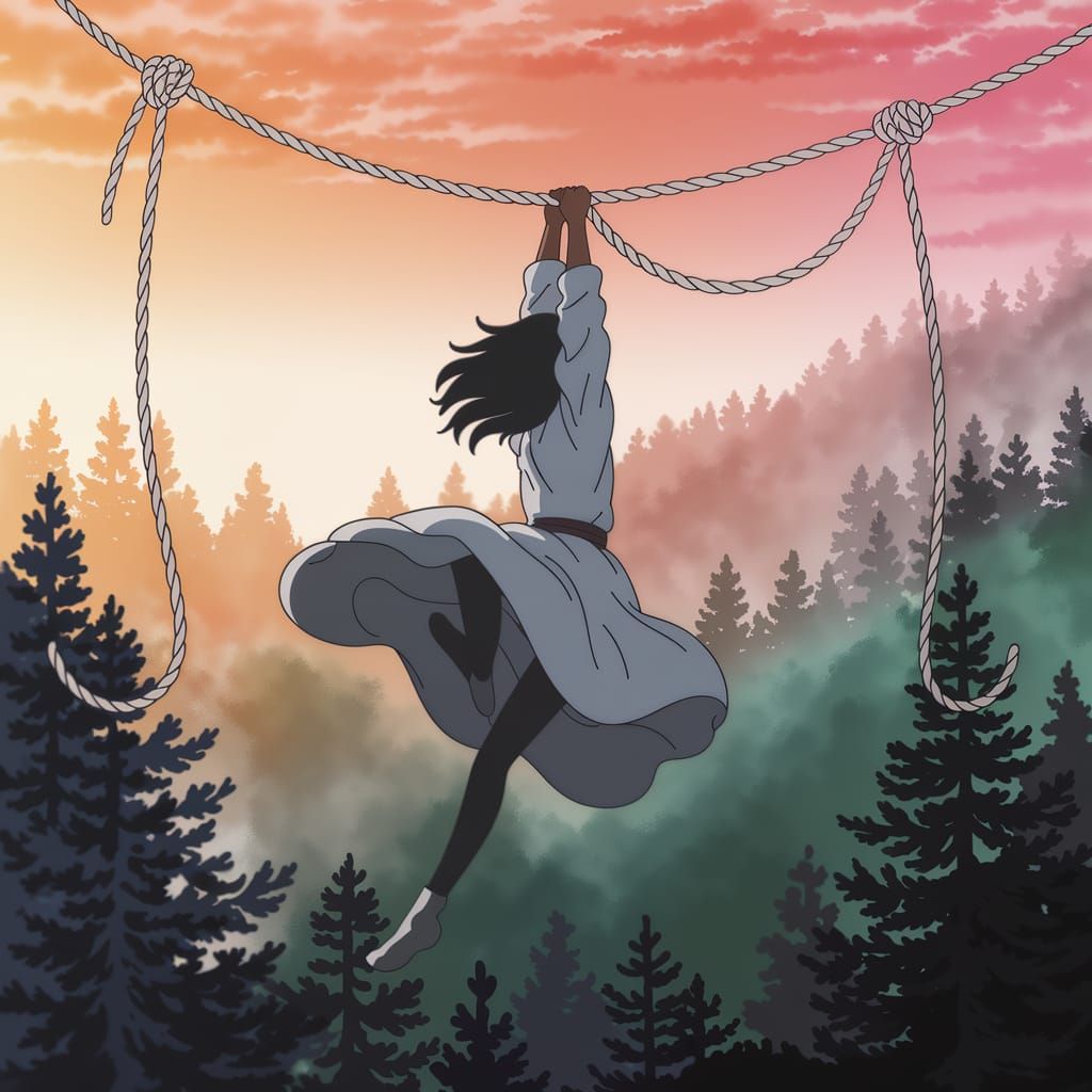 Anime Figure Suspended in Misty Forest at Sunset