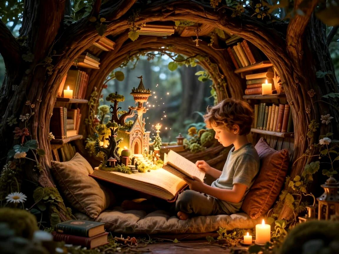 Magical Treehouse Reading Nook with Boy and Unfolding Fantas...