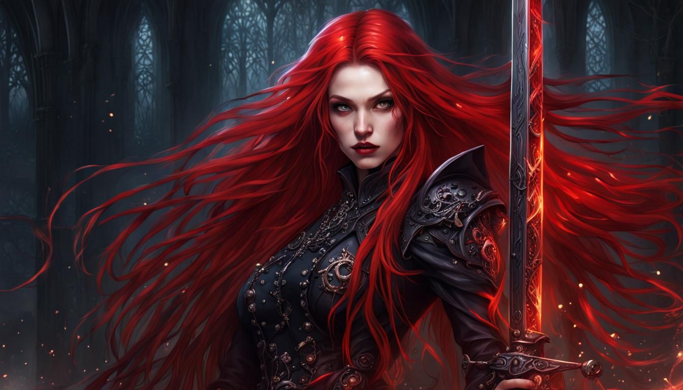 Gothic Red-Haired Woman with Magic Sword