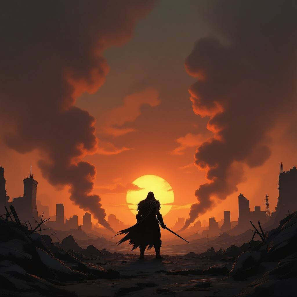 Lone Warrior in War-Torn Fantasy Landscape