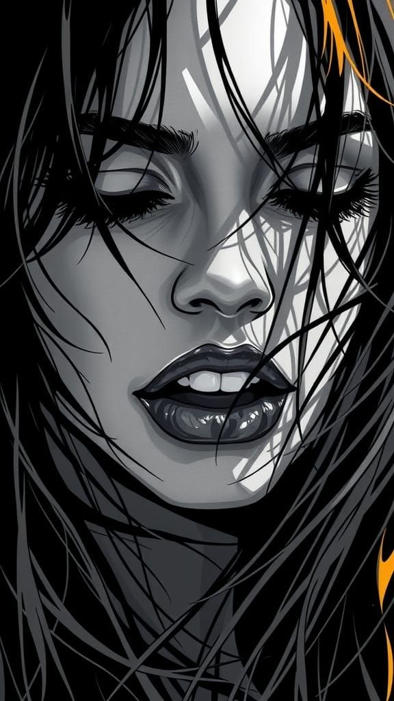 Glossy Lips in Intense Emotion, Graphic Novel Style