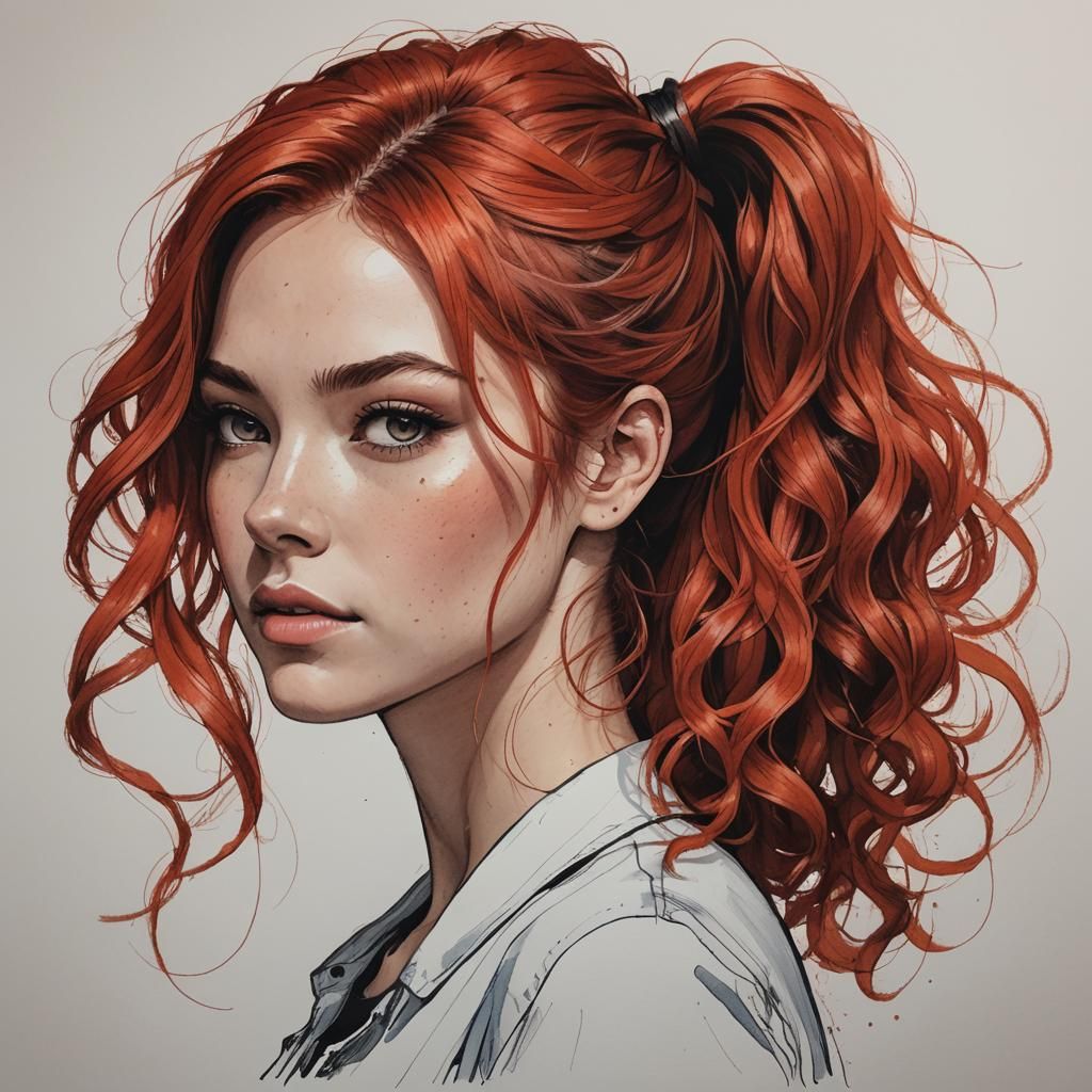 Drawing of a Girl with Fiery Red Hair