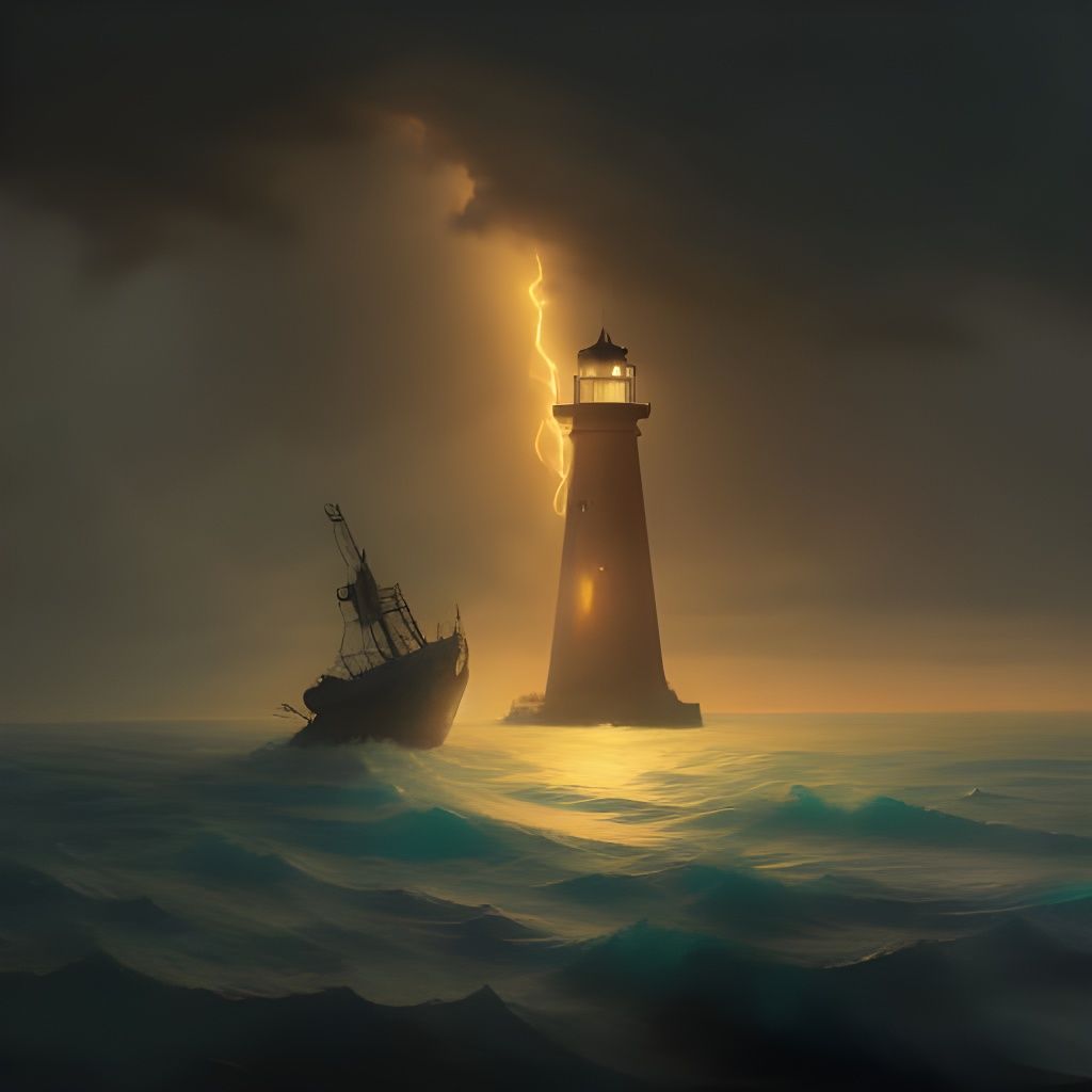 Stormy Night: Fishing Boat and Distant Lighthouse