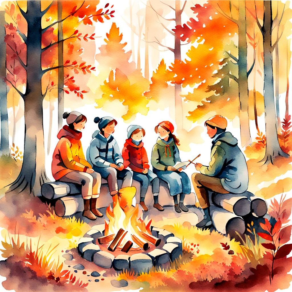 Cozy Autumn Forest Campfire in Watercolor Style