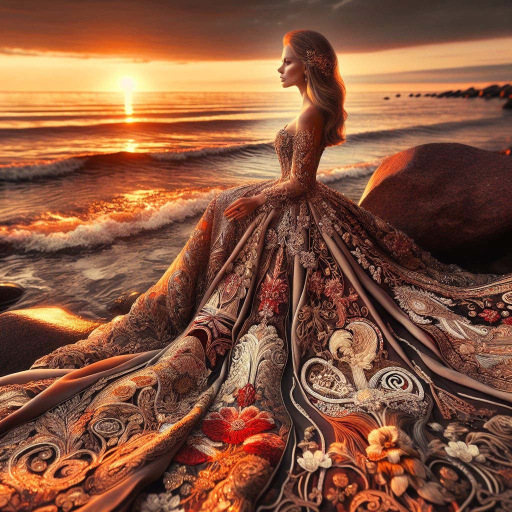 Latvian Woman in Couture Gown at Baltic Sunset