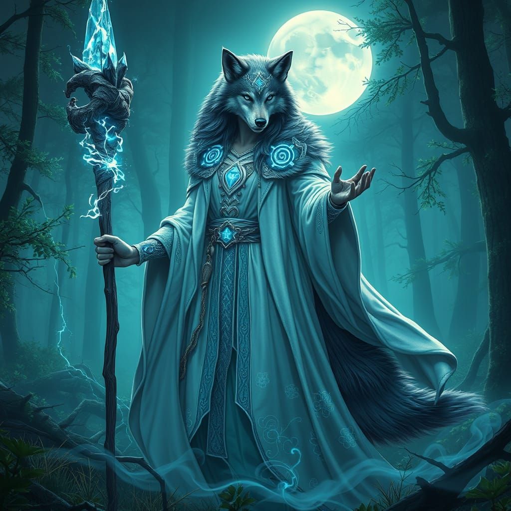 Majestic Wolf Sorceress in Moonlit Glade with Glowing Runes ...