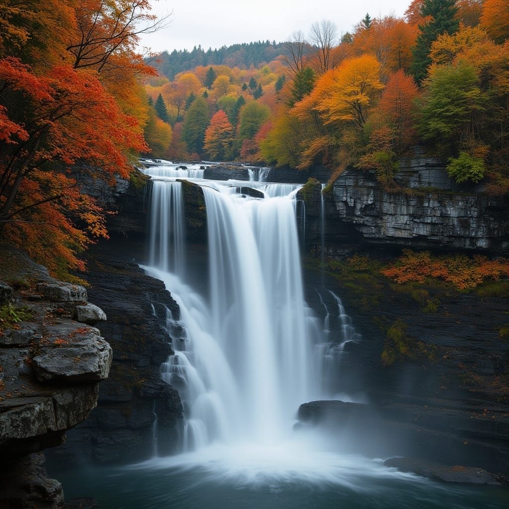 Majestic Waterfall Amidst Vibrant Autumn Forest