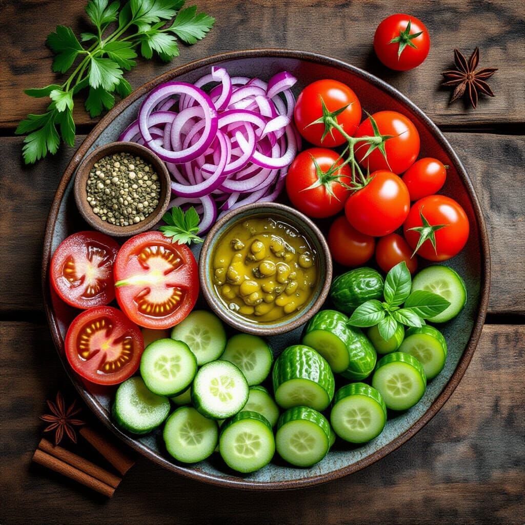 Overhead Shot of Pickled Vegetables in Still Life Style