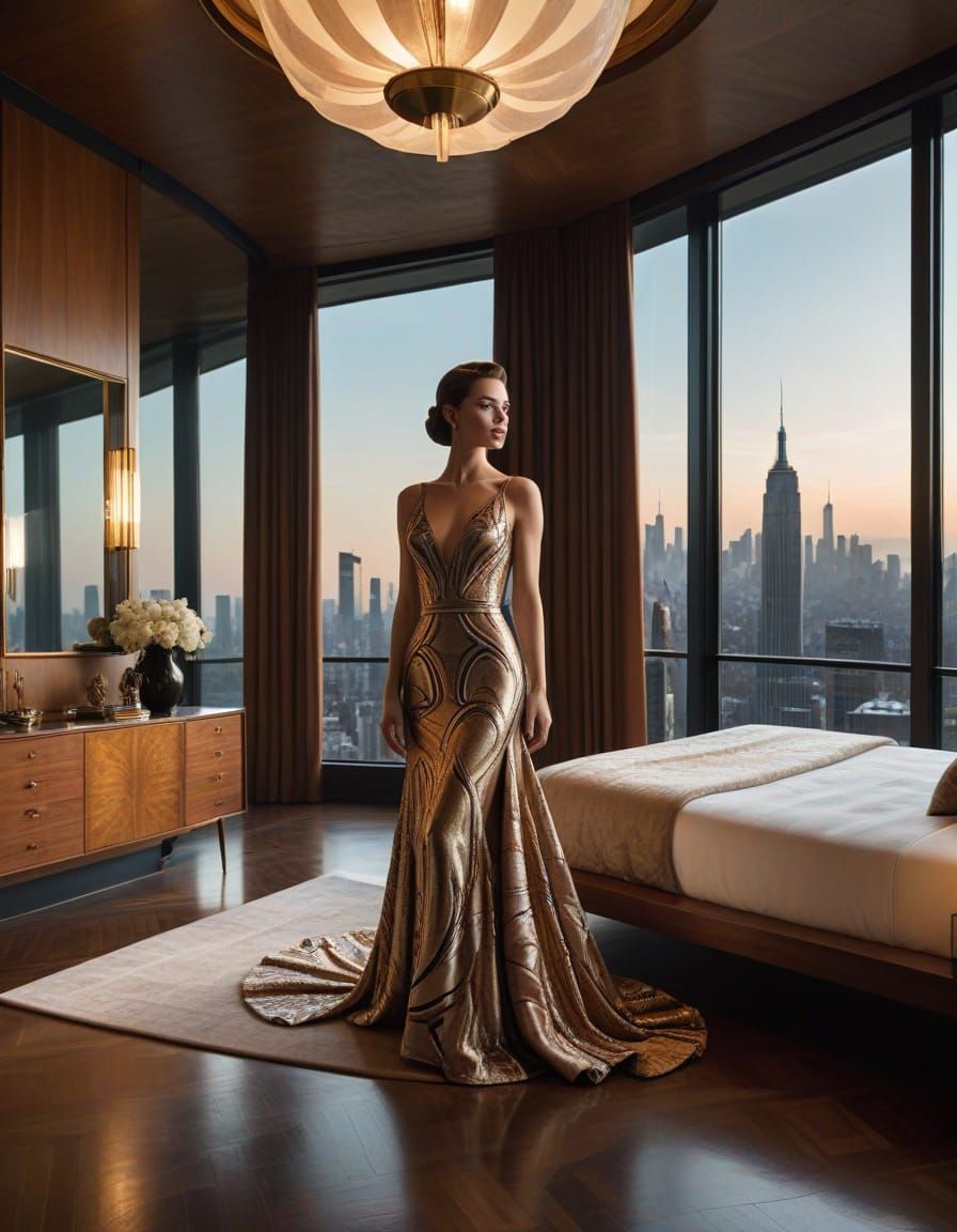 Mid-century Modern Luxury Bedroom in Retro-futuristic Elegan...