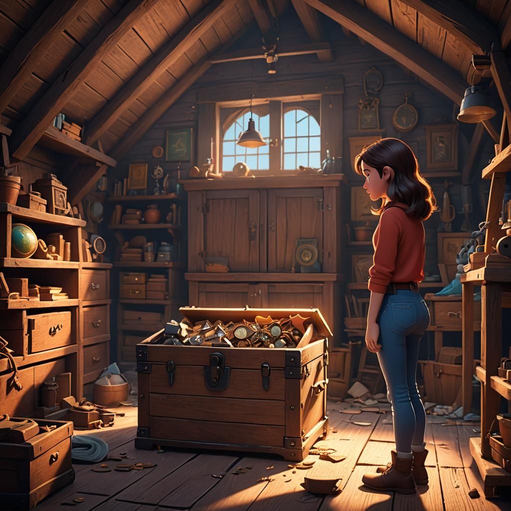 Girl Discovering Treasures in Dusty Attic: Pixar-Style 3D Ar...