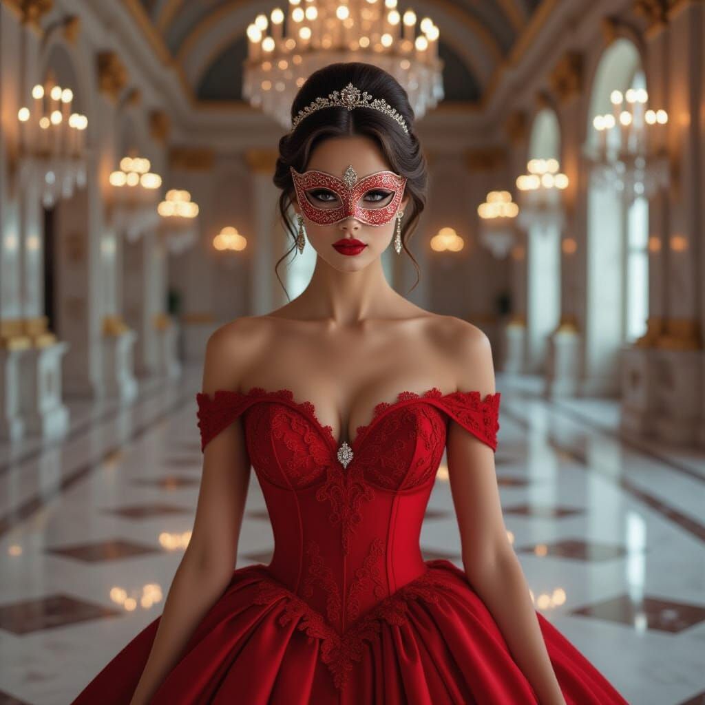 Woman in Red Gown and Mask at Masquerade Ball