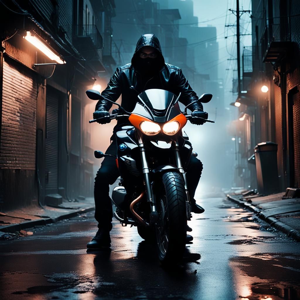 Masked Man in Dark Alleyway, Standing by Black BMW Bike