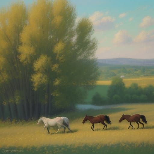 Horses Galloping in a Golden Meadow