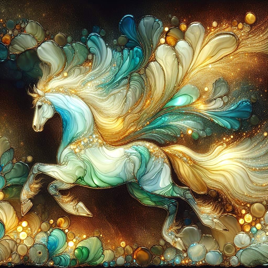 Ethereal Glasswork of a Galloping Horse in Soft Opalescent T...