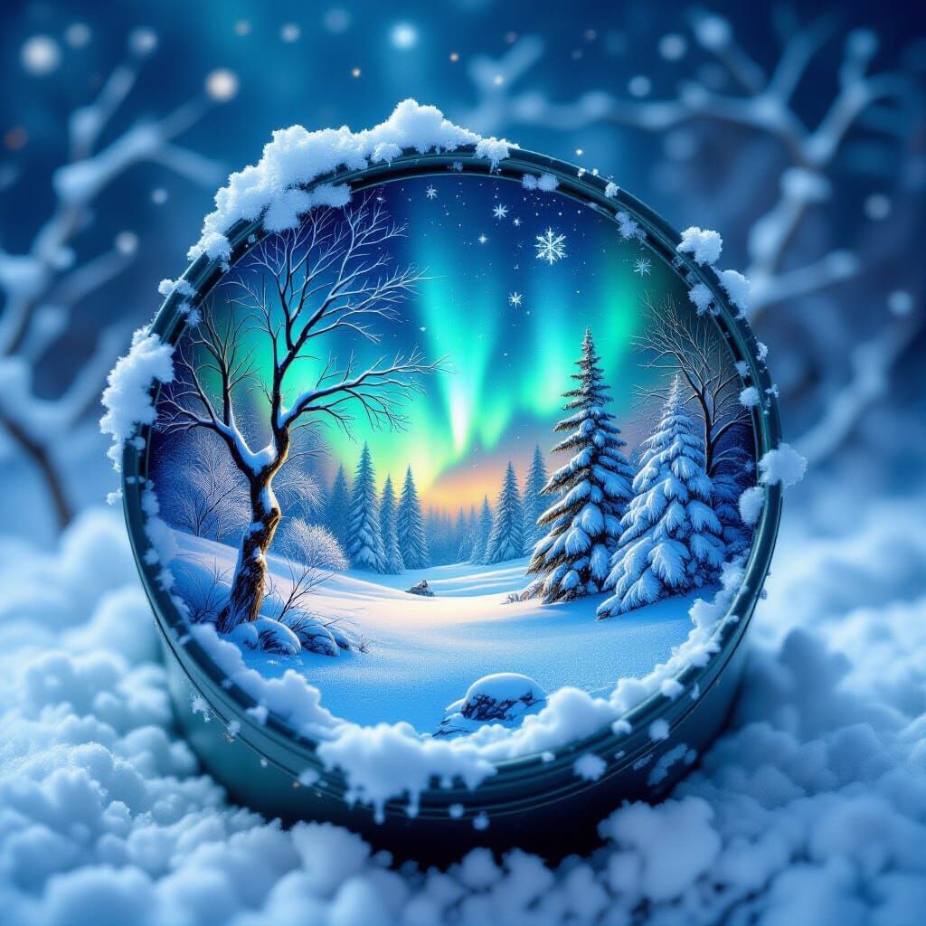 Surreal Winter Scene in Paint Can with Aurora