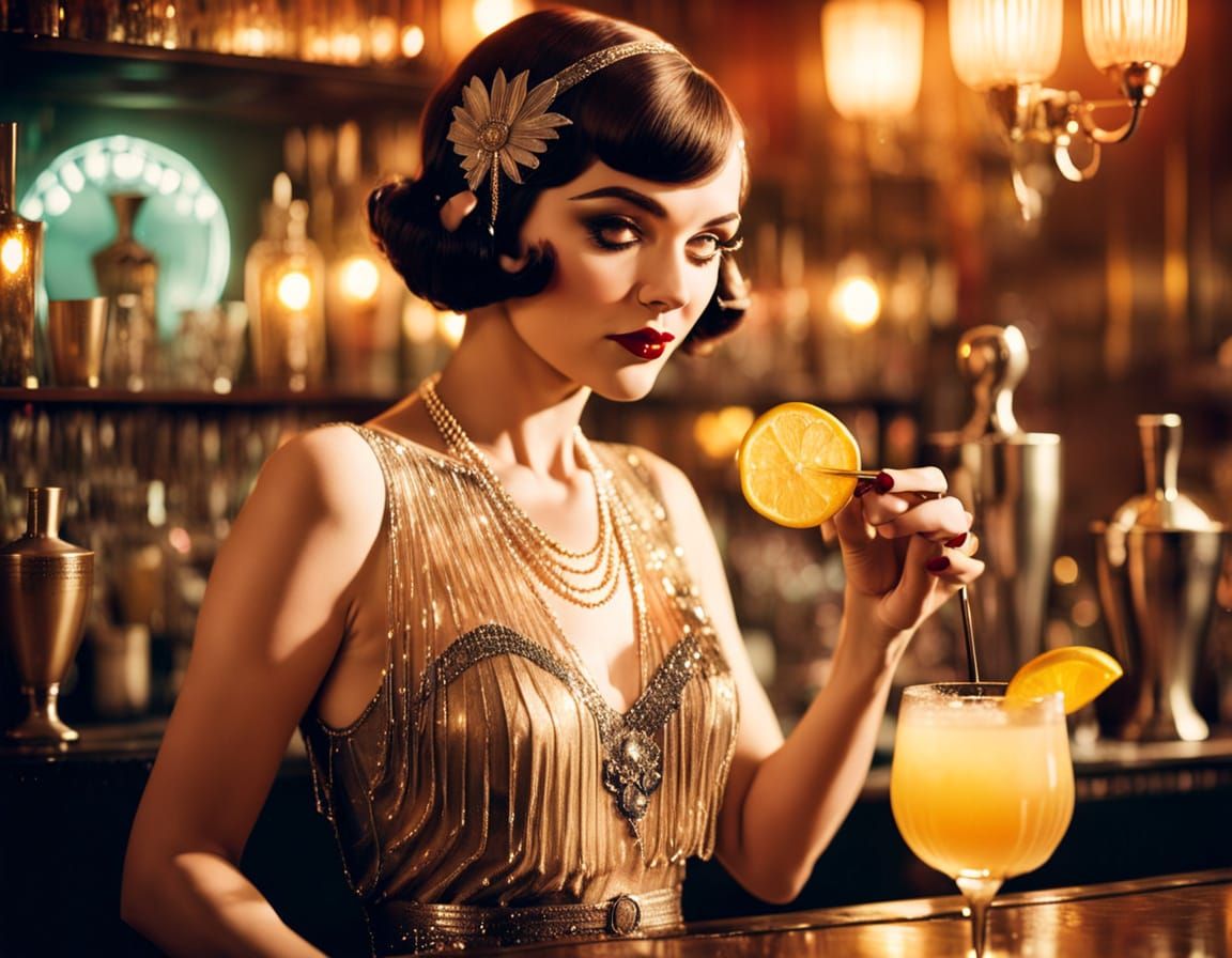 Polaroid photo. A female bartender mixes a cocktail in a bus...