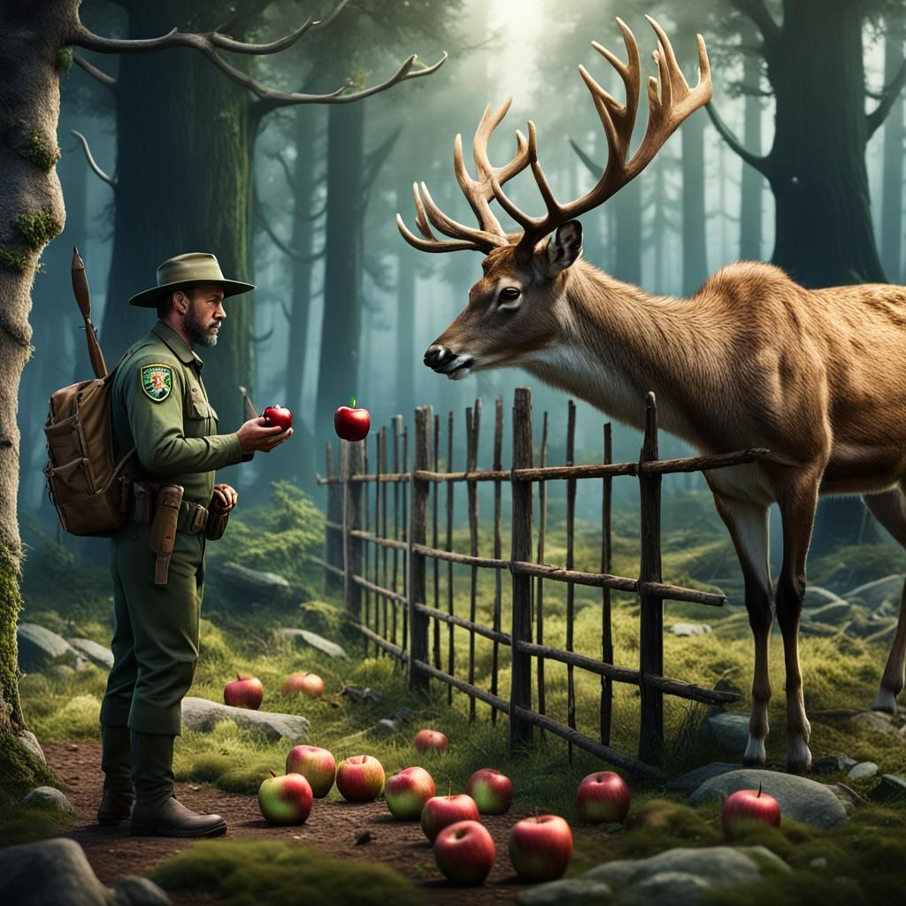 Park Ranger Feeds Apple to Wild Deer