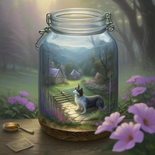 Dog Sleeping on Jar: Ethereal Fantasy Scene