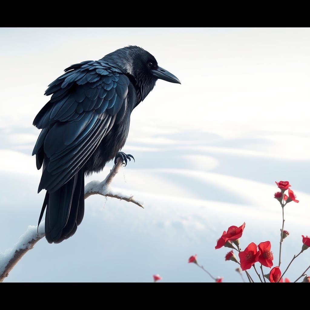 Ethereal Crow on Snowy Branch in Winter Landscape