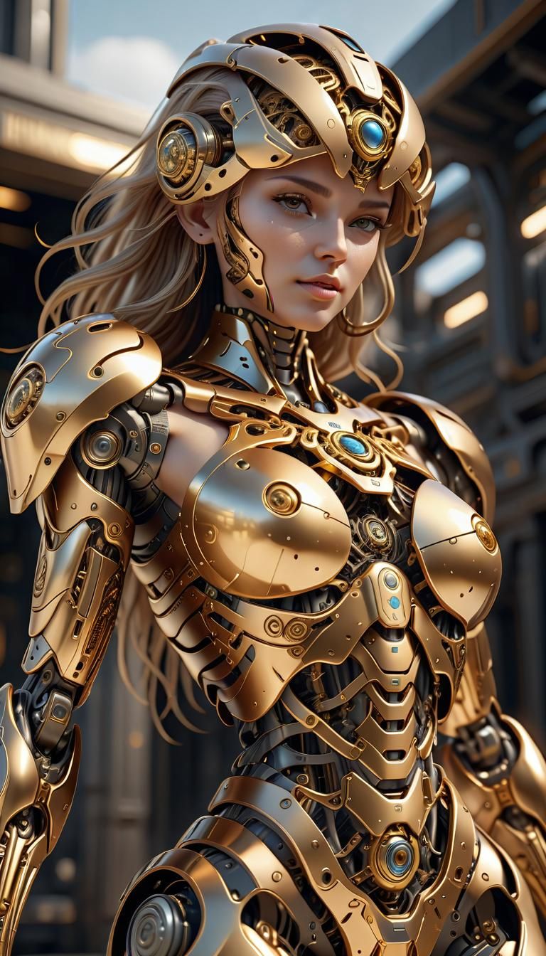 Golden Maiden: Sci-Fi Mech Portrait in 8K