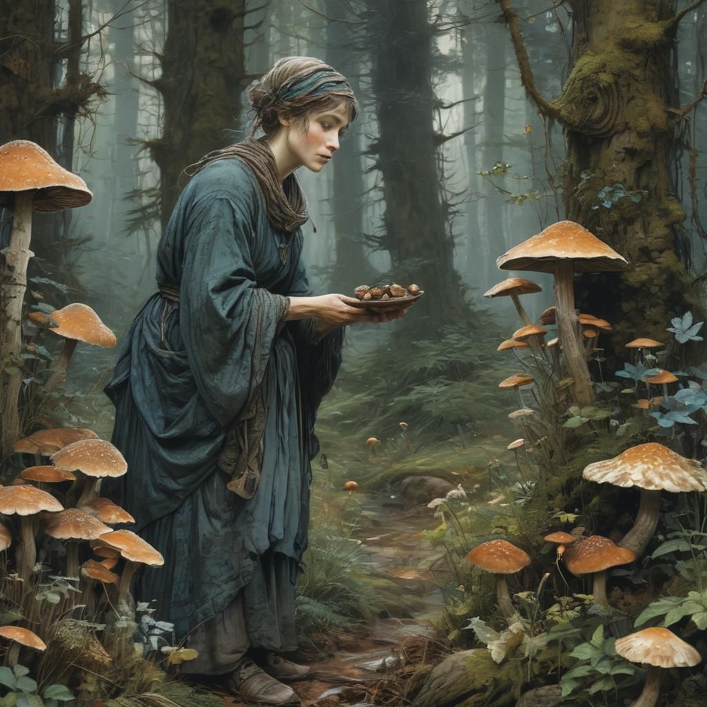 Herb Woman Gathering Mushrooms: Detailed Forest Illustration