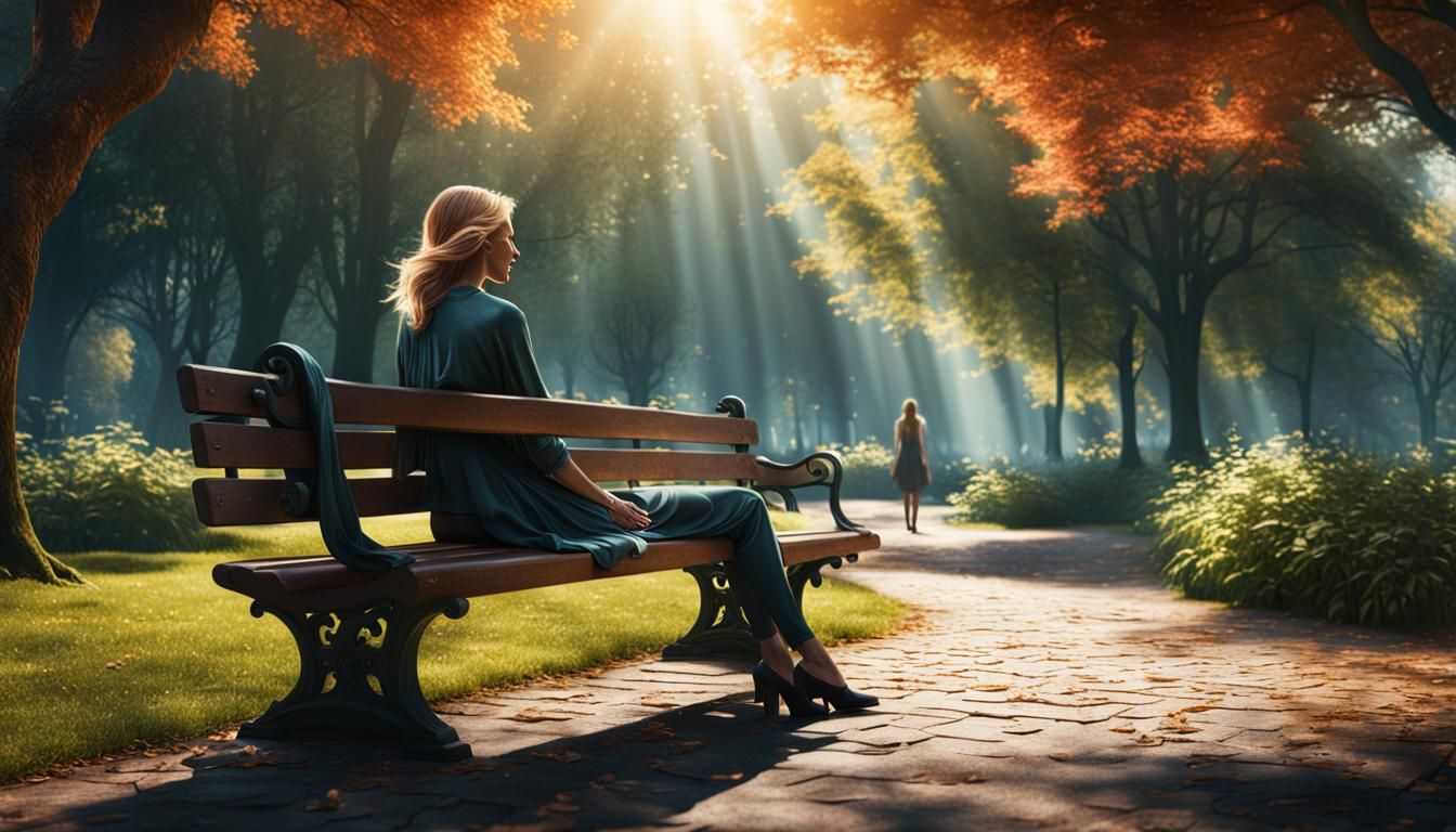 Woman on Park Bench in Detailed Matte Painting