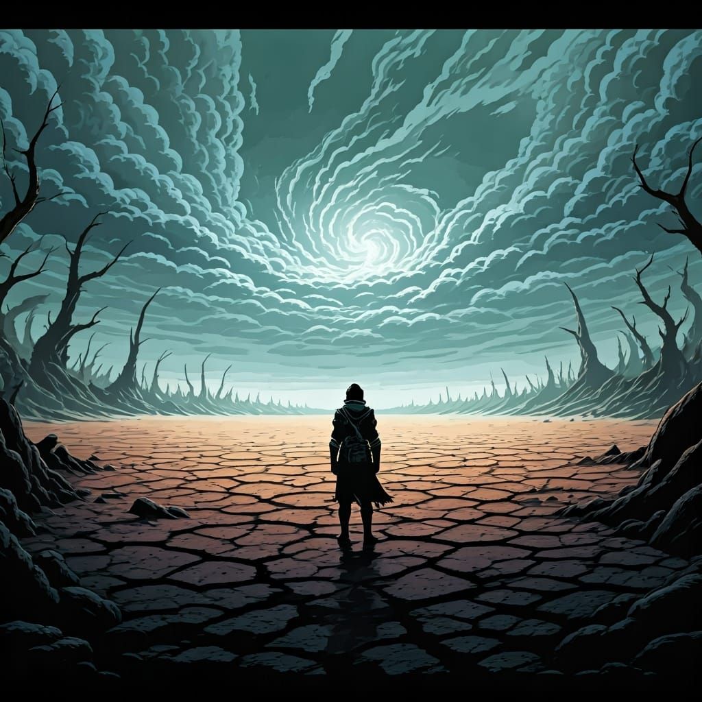 Dark Fantasy Traveler in Desolate Wasteland Comic