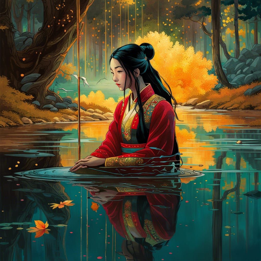 Princess Mulan and Mirrored Reflection in Watercolor