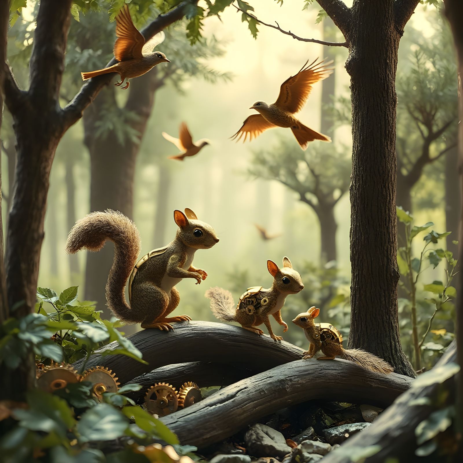 A whimsical forest inhabited by clockwork animals, each craf...