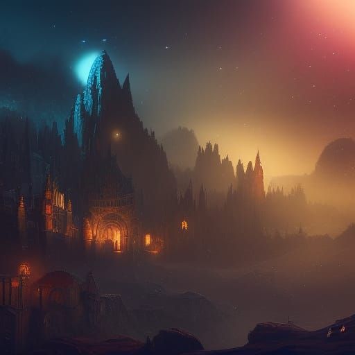 Fantastical Starry Night Matte Painting in Deep Color