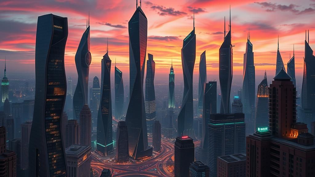 Surreal Futuristic Cityscape at Dusk, Dreamlike Architecture