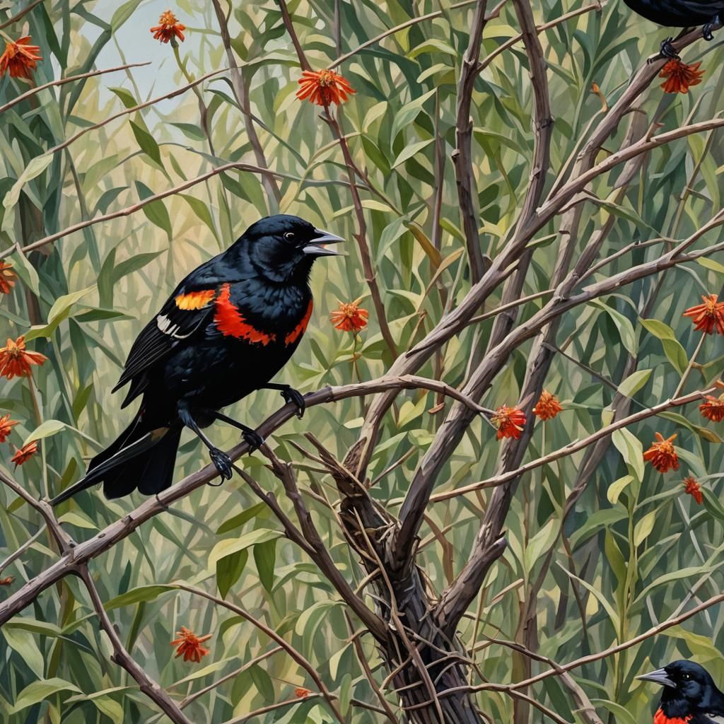 Red-Winged Blackbird Defending Nest: Gouache Impressionist P...