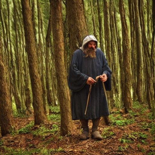 Lost Peasant in Dark Medieval Forest