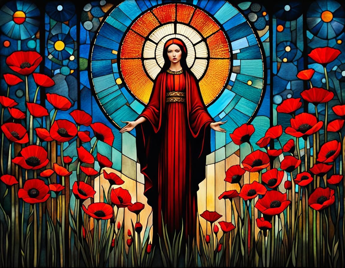 Poppies Bloom: Stained Glass Art Brut Illustration