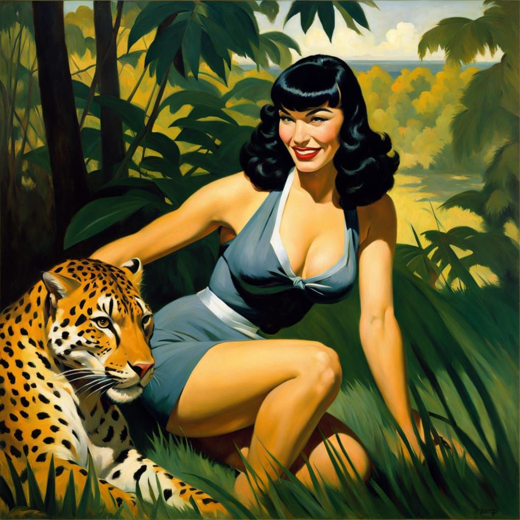 Bettie Page and Cheetah in Post-Impressionistic Style