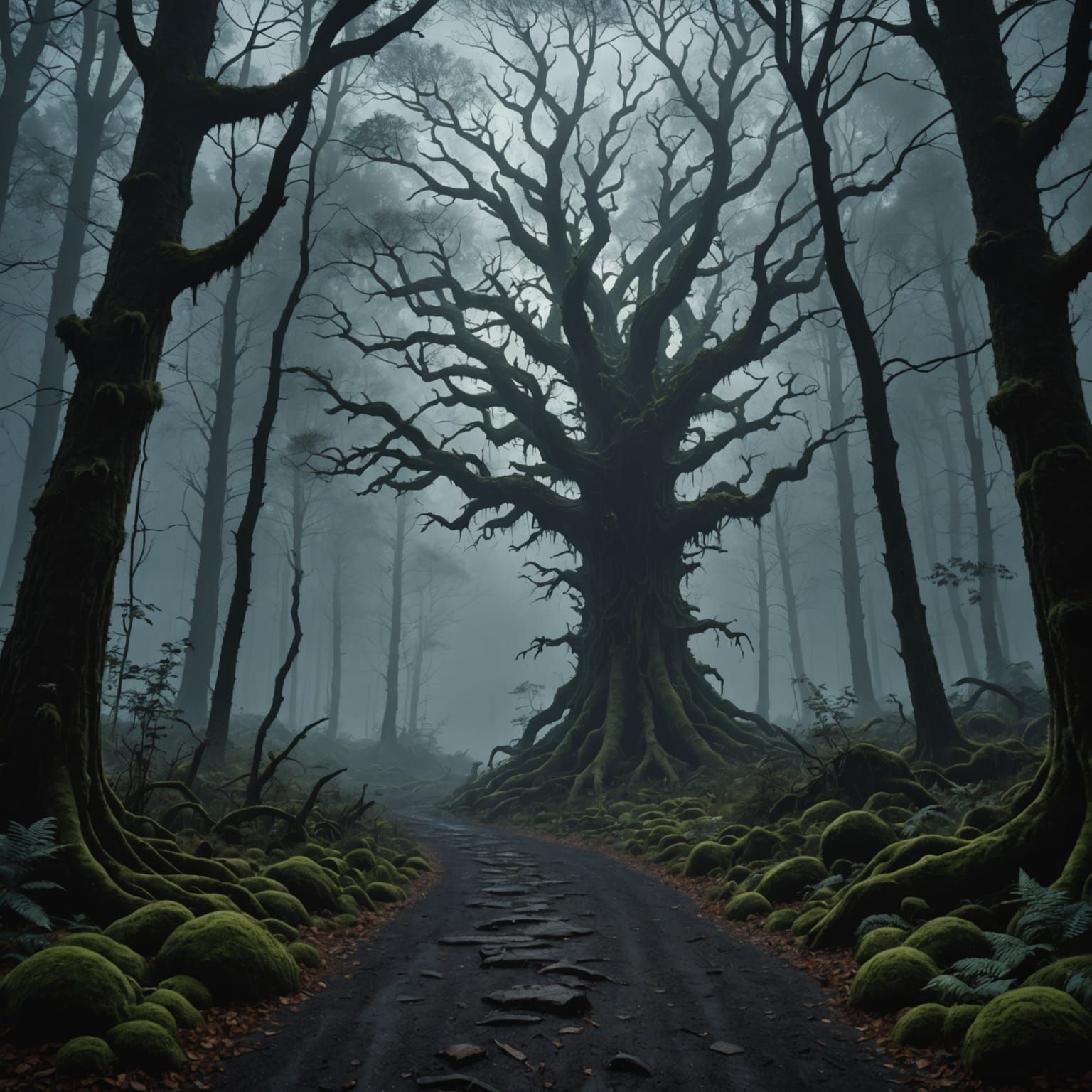 Eldritch Forest Scene in Hyperrealistic Fantasy Style