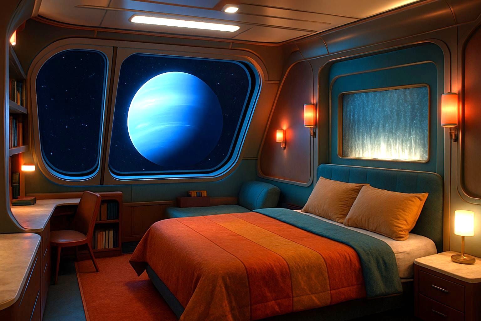 Cozy Futuristic Spaceship Apartment with Neptune View