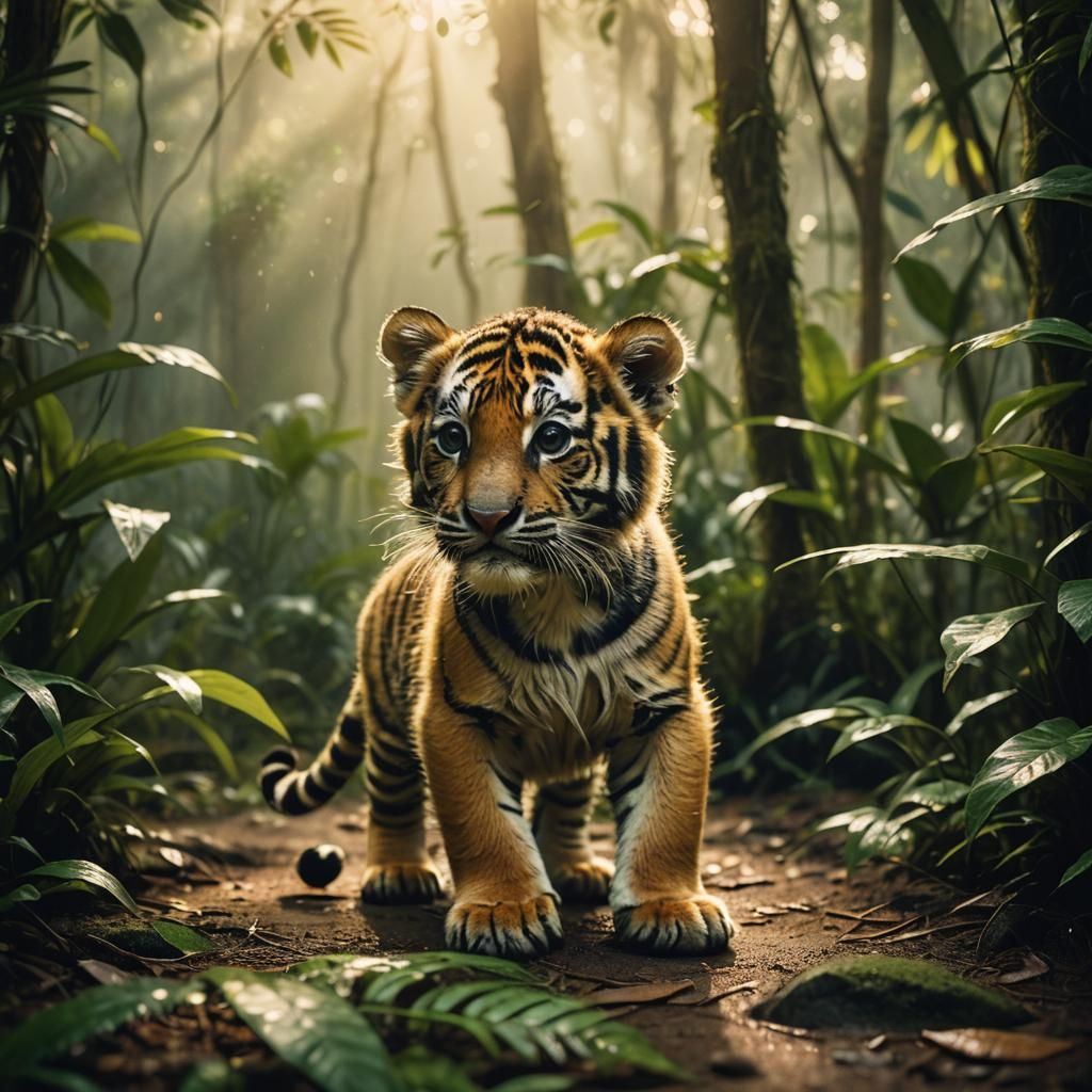 Cute Baby Tiger in Rainforest: Cinematic Still