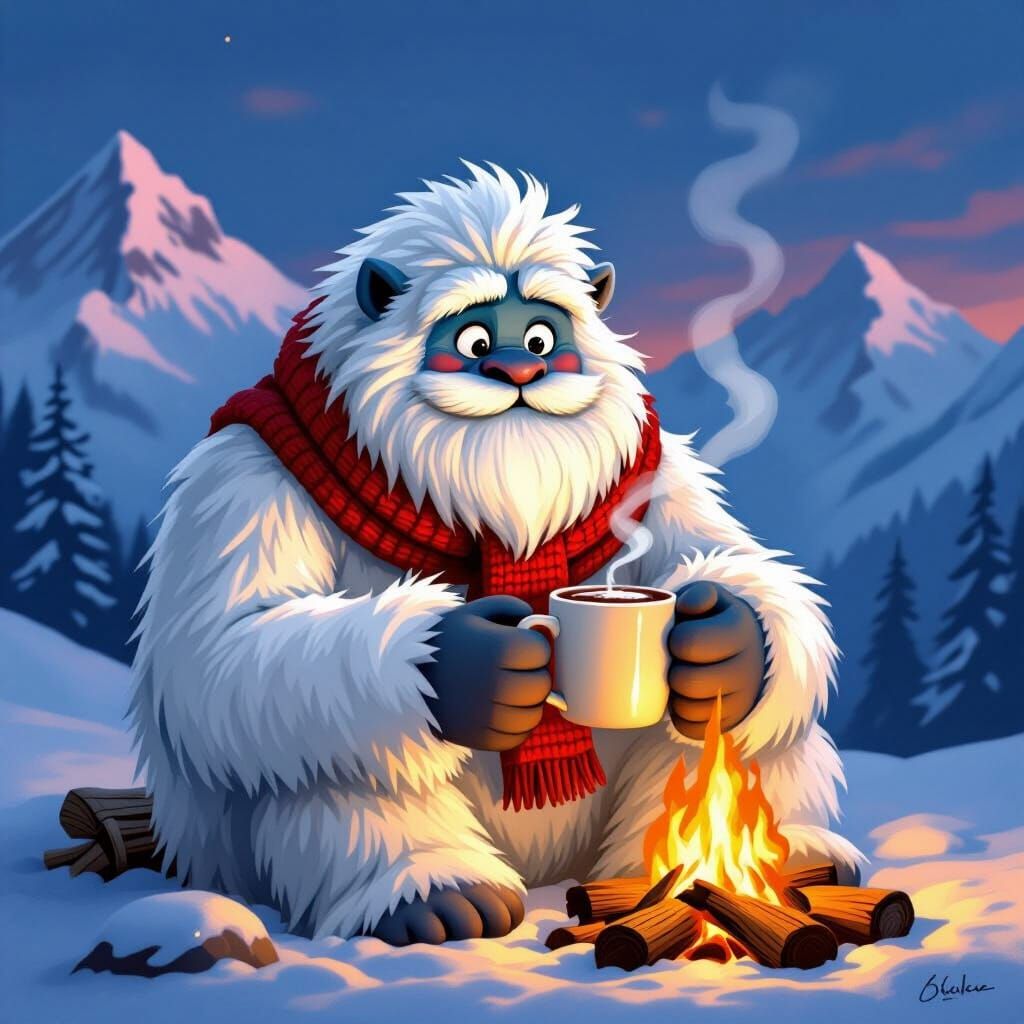 Yeti Enjoys Hot Cocoa by Campfire