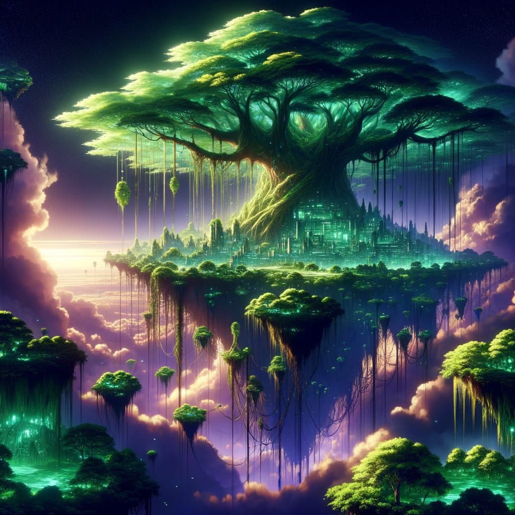 Floating Forest City Above Abyss in Cel-Shaded Style