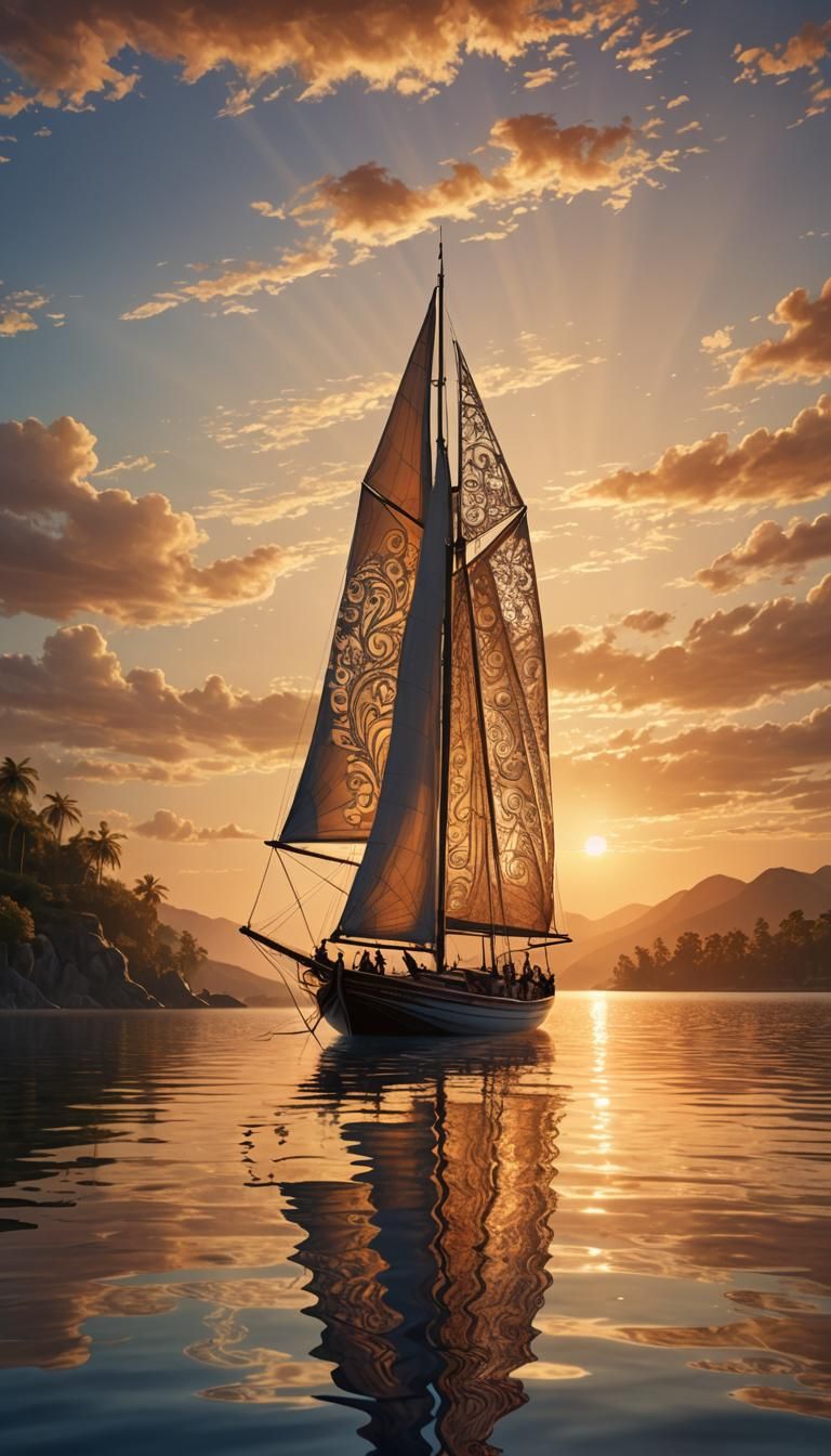 Fantasy Sailboat with Mermaid in Golden Light