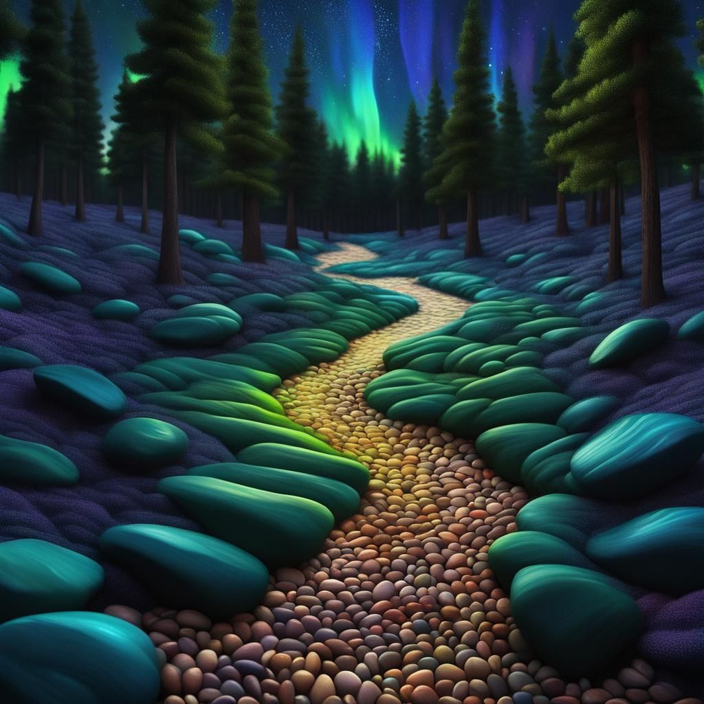 Dark Pine Forest, Streaking Aurora Borealis Starry Night Ski...