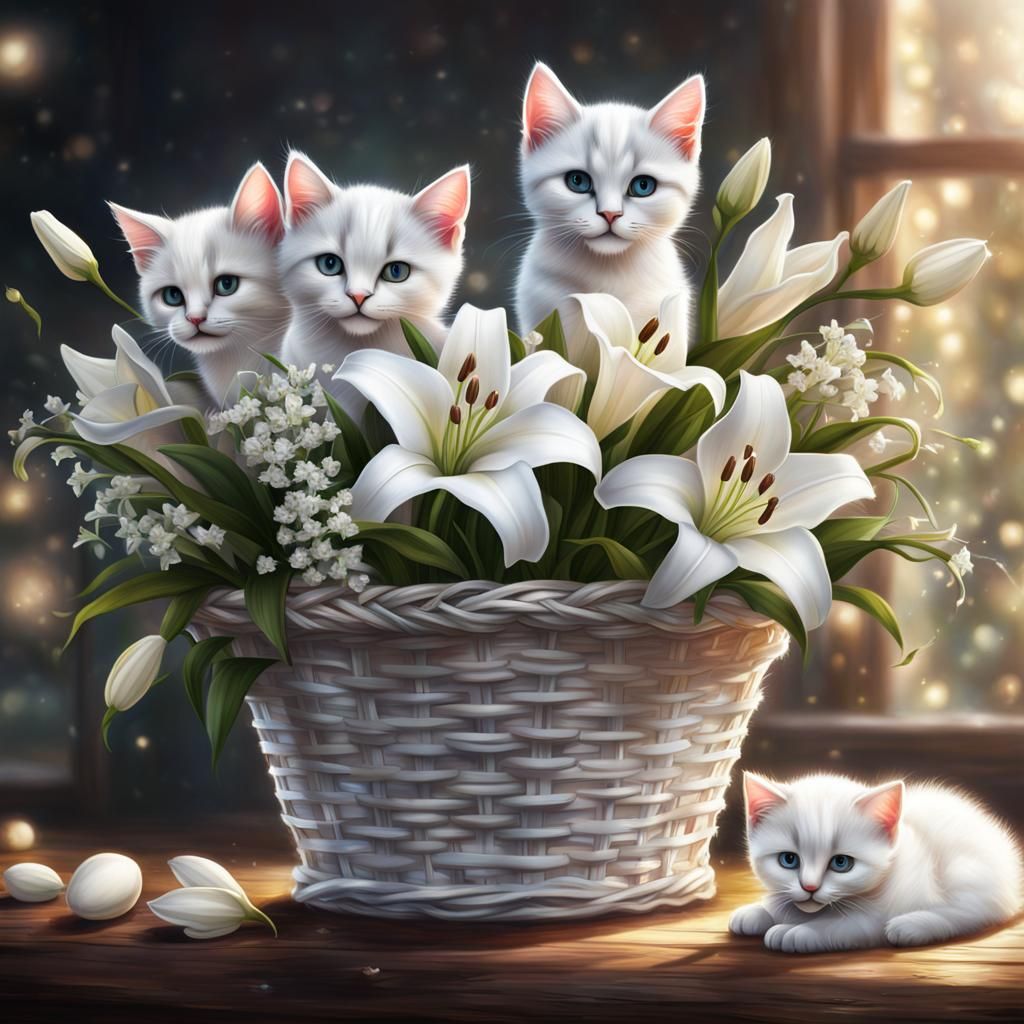 Basket with Lilies, Roses, Kittens: Oil Painting